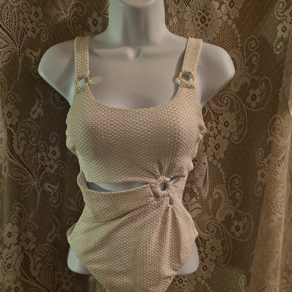Mynah Women's Size XS White Gold Cinched Waist Adjustable‎ One-Piece Swimsuit